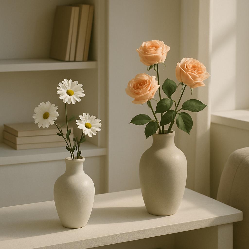 Two vases with white daisies and peach roses sit here in a well-lit, white room with a white shelf.