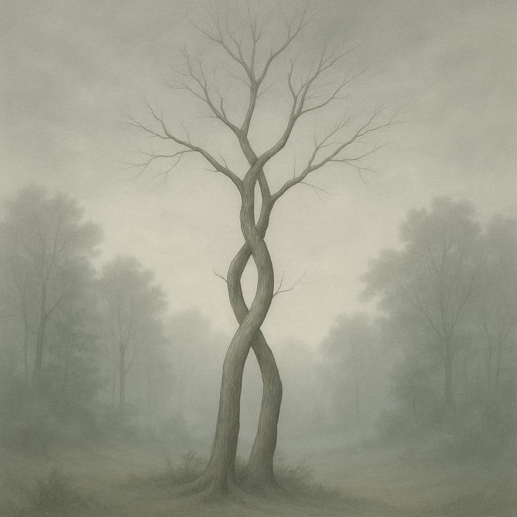 Large tree in a field with no leaves. The common ground they occupy consists of lush green grass with random flora, a coll...