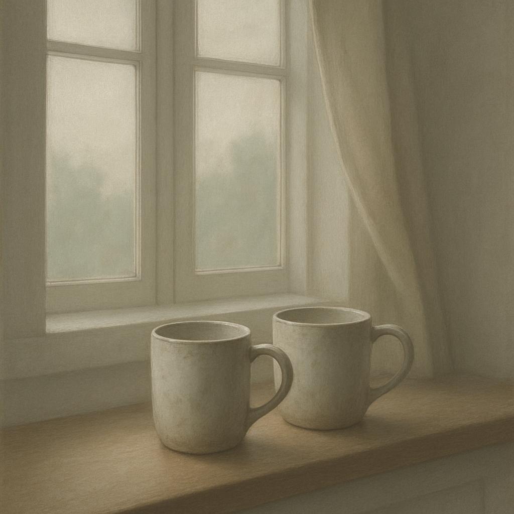 Two white mugs on a window sill with a sheer curtain.