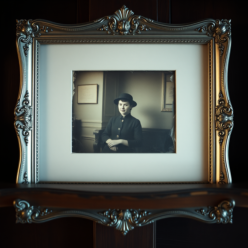 A framed sepia-toned photograph of a young man in late 19th or early 20th century attire, sitting in a chair and looking d...